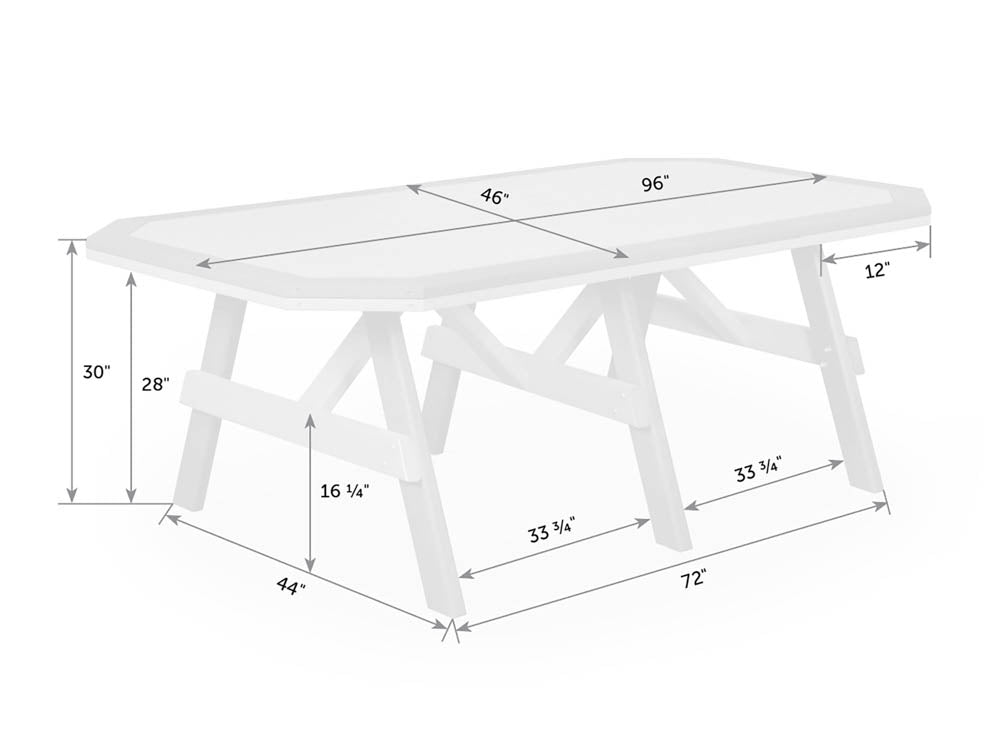 Dimension diagram of the bordered garden table: 96 by 46 inch top, 30 inches tall, 33.75 inch leg spacing