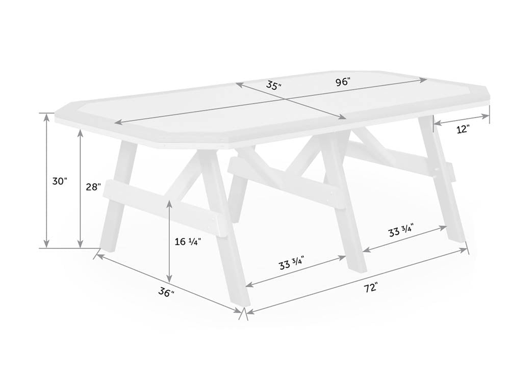 Measured drawing of the 96 by 35 inch bordered poly garden table standing 30 inches tall