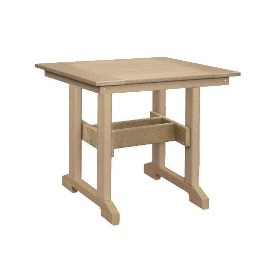 Beige square poly patio table with a smooth top, sled style feet and a wide center foot rail