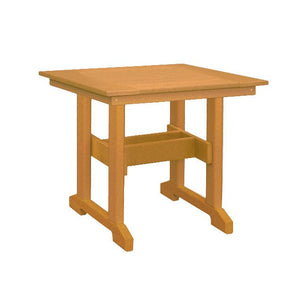 Cedar orange square poly patio table with a plain slab top, angled foot pads and lower stretcher rail