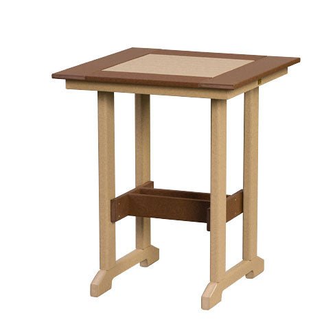 Square 29 inch poly patio table in cedar and brown with a framed top, straight legs and lower foot rail
