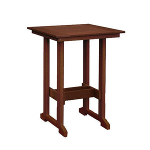 Cherry wood tone square poly bar table with plain top, four square legs and a low stretcher