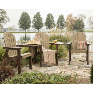 Three seat poly patio settee with two weatherwood Adirondack chairs and a brown connector table on a stone patio