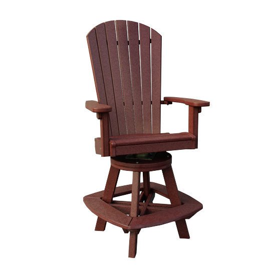 Swivel Adirondack bar chair with a curved footrest ring lit by firelight on a waterfront deck at night
