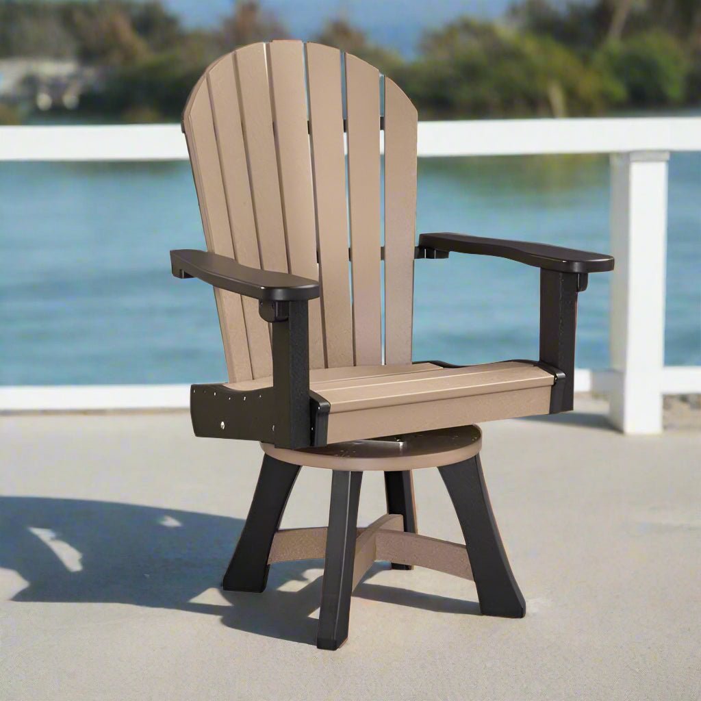 Weatherwood and black swivel dining chair with a fan back, curved arms and a round swivel pedestal base