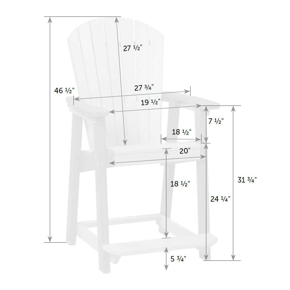 Dimension diagram of the counter chair: 46.5 inches tall overall, 24.25 inch seat height, 20 inch seat width