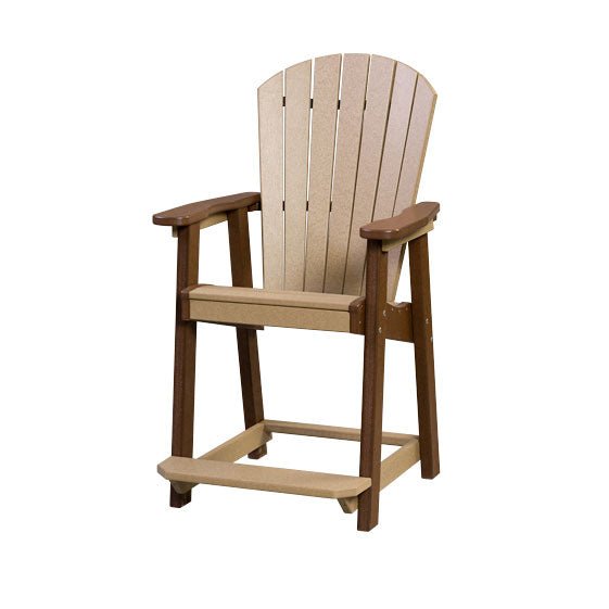 Driftwood gray and white poly counter chairs with fan backs, footrests and plum pillows at a patio table