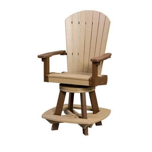 Beechwood and brown poly swivel counter chair with shaped arms and a triangular footrest swivel base