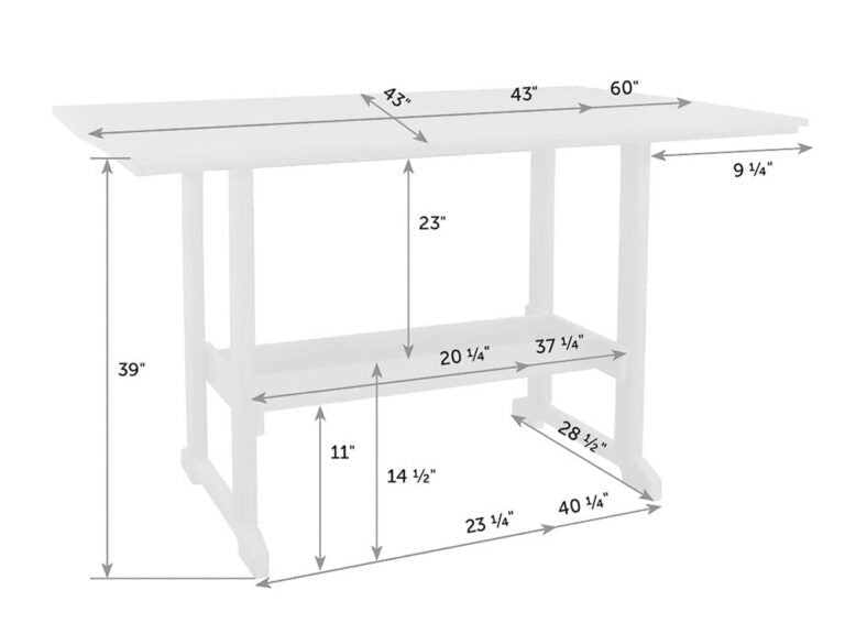Dimension diagram of the rectangular bar table: 60 by 43 inch top at 39 inches tall with a 14.5 inch lower shelf