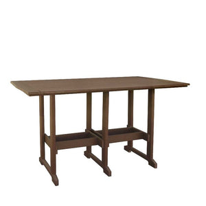 Chestnut poly bar height table shown from the side with plank top and trestle style base on a white background