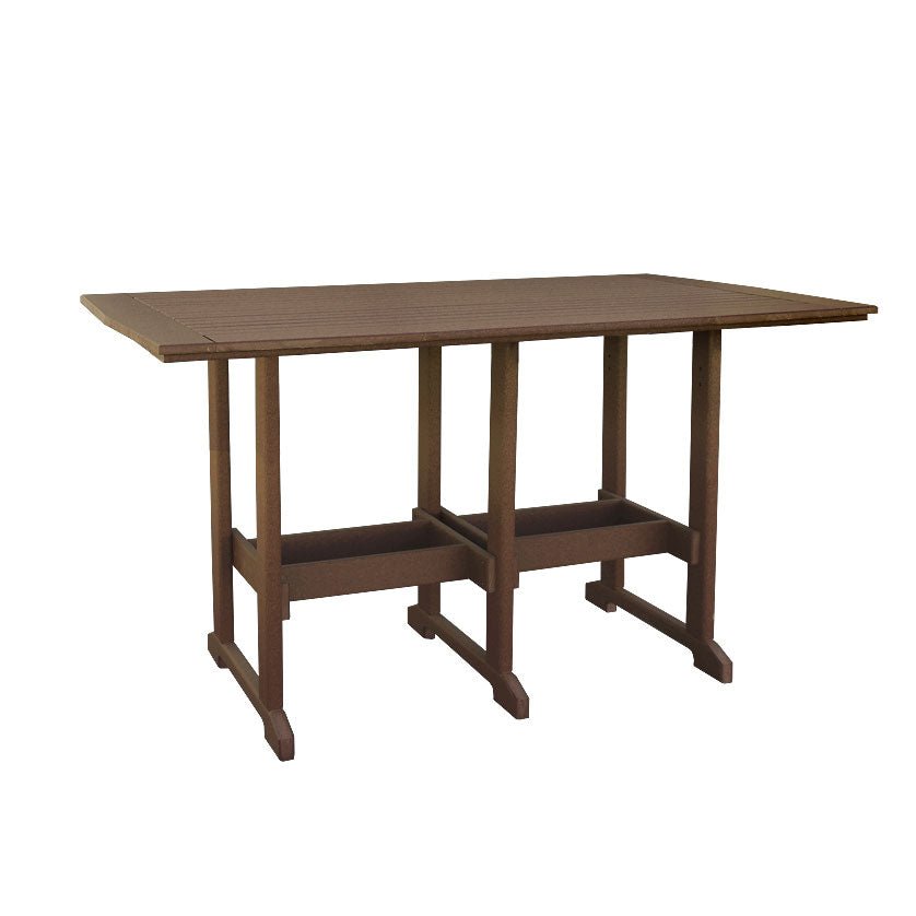 Rectangular brown poly bar table with slatted top, double pedestal legs and lower stretcher rails