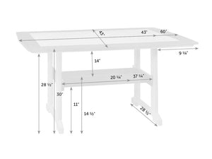 Dimension diagram of the 60 by 43 inch poly dining table at 30 inches tall with an 11 inch lower stretcher