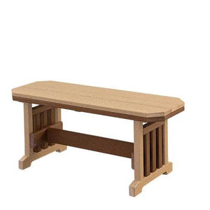 Cedar and brown poly Mission bench with slatted trestle sides and a long center stretcher