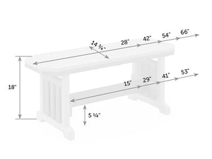 Dimension diagram of the Mission bench: 18 inch seat height, 14.75 inch depth, lengths from 28 to 66 inches