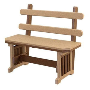 Cedar poly Mission bench with a two rail back, slatted trestle sides and a wide plank seat