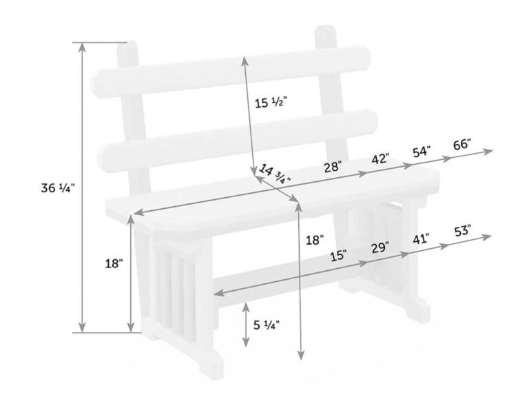 Dimension diagram of the Mission bench with back: 36.25 inches tall, 18 inch seat height, 28 to 66 inch lengths