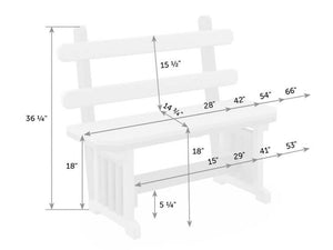 Dimension diagram of the Mission bench with back: 36.25 inches tall, 18 inch seat height, 28 to 66 inch lengths