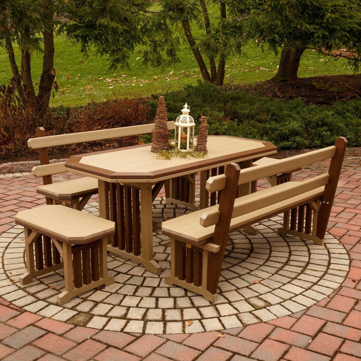 Weatherwood Mission poly dining table with two backed benches and two backless benches on brick pavers