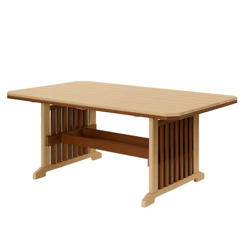 Rectangular poly patio dining table in cedar tan with a two-tone brown slatted mission trestle base on a white background