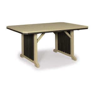 Weatherwood and black poly rectangular patio dining table with vertical slat trestle panels and angled corner braces
