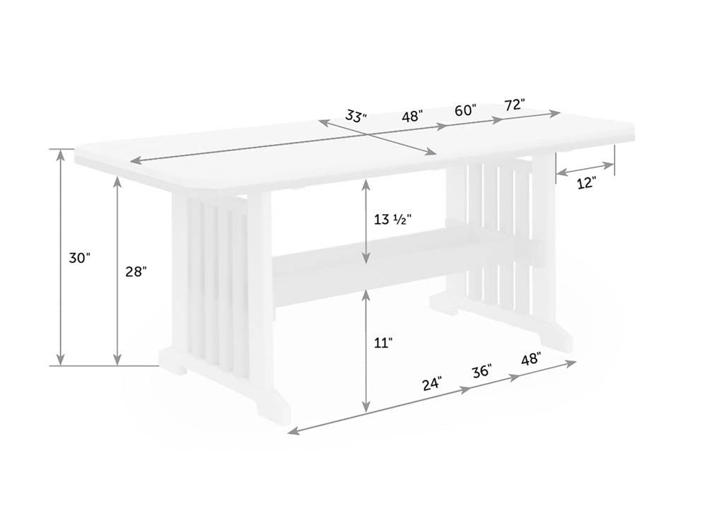 Dimension diagram of the mission patio table: 30 inch height, 28 inch top, 33 inch width and 48, 60 or 72 inch lengths