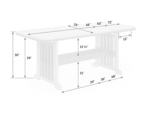 Dimension diagram of the mission patio table: 30 inch height, 28 inch top, 33 inch width and 48, 60 or 72 inch lengths
