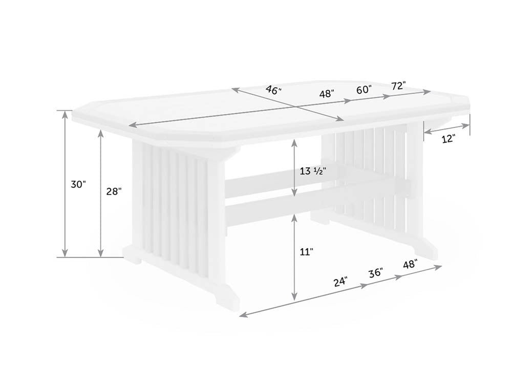 Dimension diagram of the bordered patio table: 46 inch width with 48, 60 or 72 inch lengths and 30 inch height