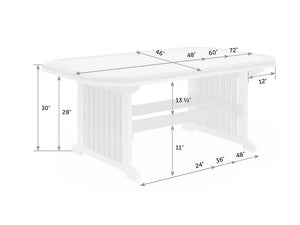 Dimension diagram of the bordered patio table: 46 inch width with 48, 60 or 72 inch lengths and 30 inch height