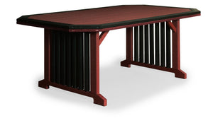 Cherrywood poly patio dining table with black border trim, black slat trestle panels and angled corner brackets