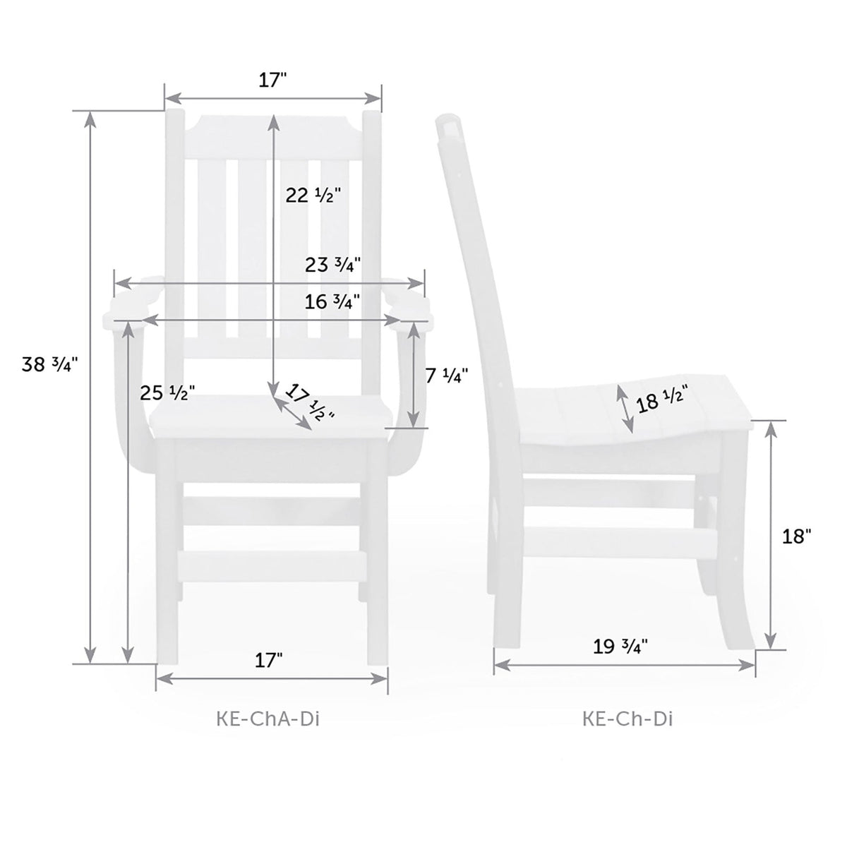 Dimension diagram of the dining arm chair and side chair: 38.75 inches tall with an 18 inch seat height