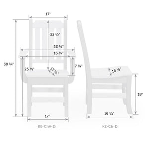 Dimension diagram of the dining arm chair and side chair: 38.75 inches tall with an 18 inch seat height