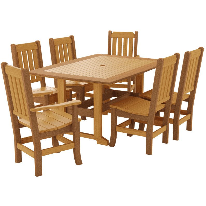 All teak poly dining set with a rectangular umbrella table, four side chairs and two arm chairs