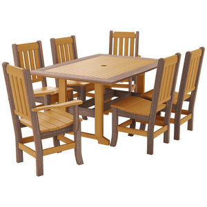 Teak and chestnut brown poly dining set for six with slat back side chairs and two matching arm chairs