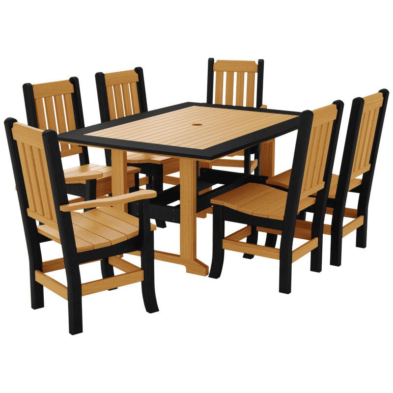 Teak and black poly seven piece patio dining set with mission slat back chairs and an umbrella hole table