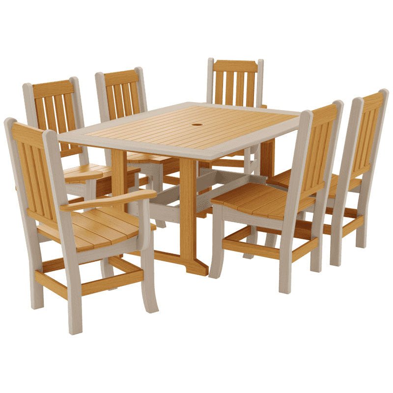 Teak and weatherwood gray poly dining set for six with slat back chairs and a rectangular plank top table
