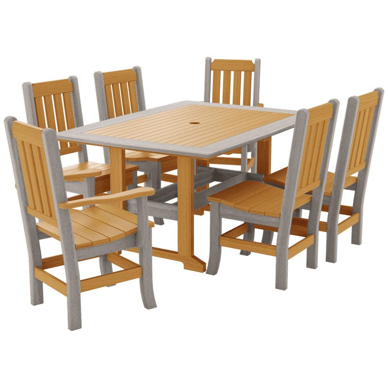 Teak and light gray poly patio dining set for six with mission slat back chairs and an umbrella hole table