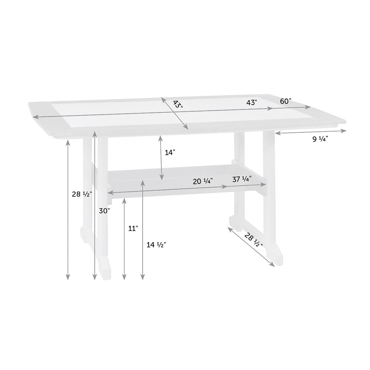 Dimension diagram of the 60 by 43 inch dining table: 30 inches tall with a 14.5 inch lower shelf