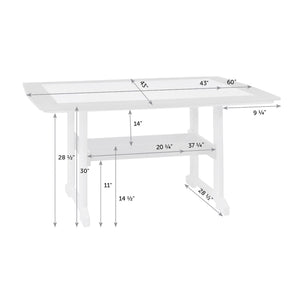 Dimension diagram of the 60 by 43 inch dining table: 30 inches tall with a 14.5 inch lower shelf