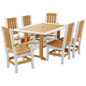 Teak and white poly seven piece dining set with slat back side chairs and two arm chairs on a white background