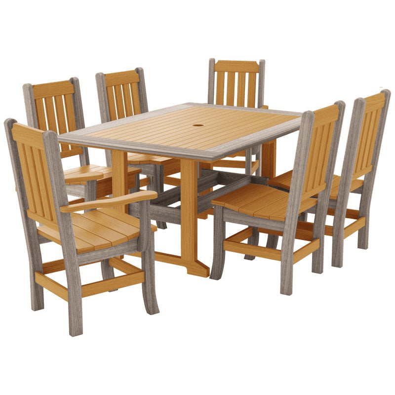 Teak and driftwood gray poly seven piece dining set with slat back chairs around a rectangular trestle table