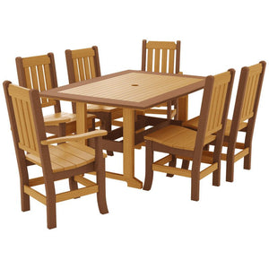 Natural teak and antique mahogany poly dining set for six with a rectangular umbrella table and mission chairs