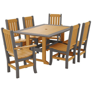 Teak and dark gray poly dining set with six mission style chairs around a rectangular umbrella table