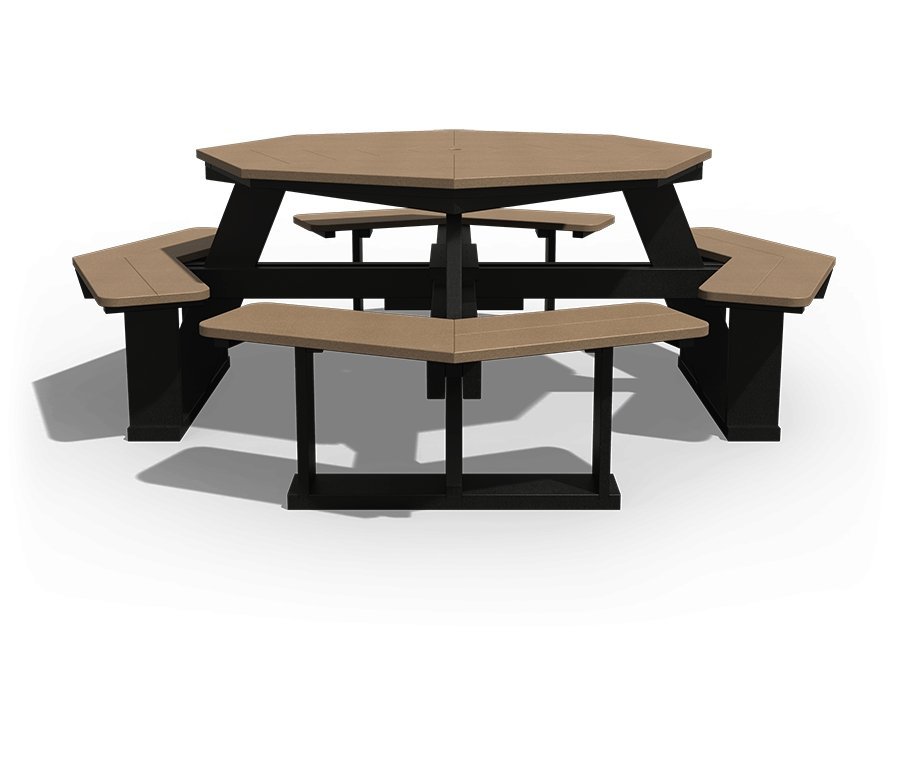 Octagon poly picnic table with tan top, black base and a red umbrella set for dinner on a green lawn