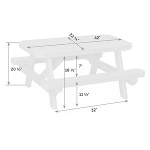 Dimension diagram of the 42 inch kids picnic table: 22.25 inch top depth, 20.5 inches tall, 11.5 inch bench height