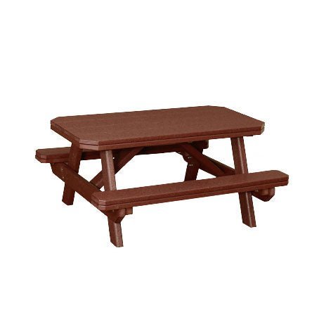Cherry brown kids poly picnic table with attached benches and angled legs on a white background