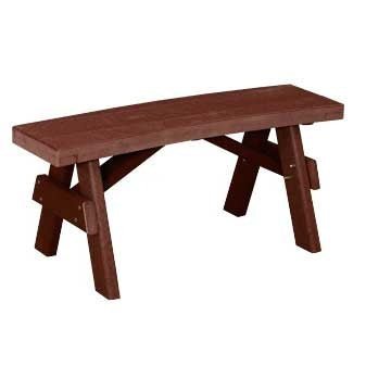 Weatherwood and black poly bench with A frame legs set beside a patio dining table near a pool
