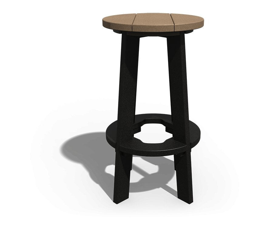 Round poly patio bar stool with tan seat, black splayed legs and a round footrest ring on white