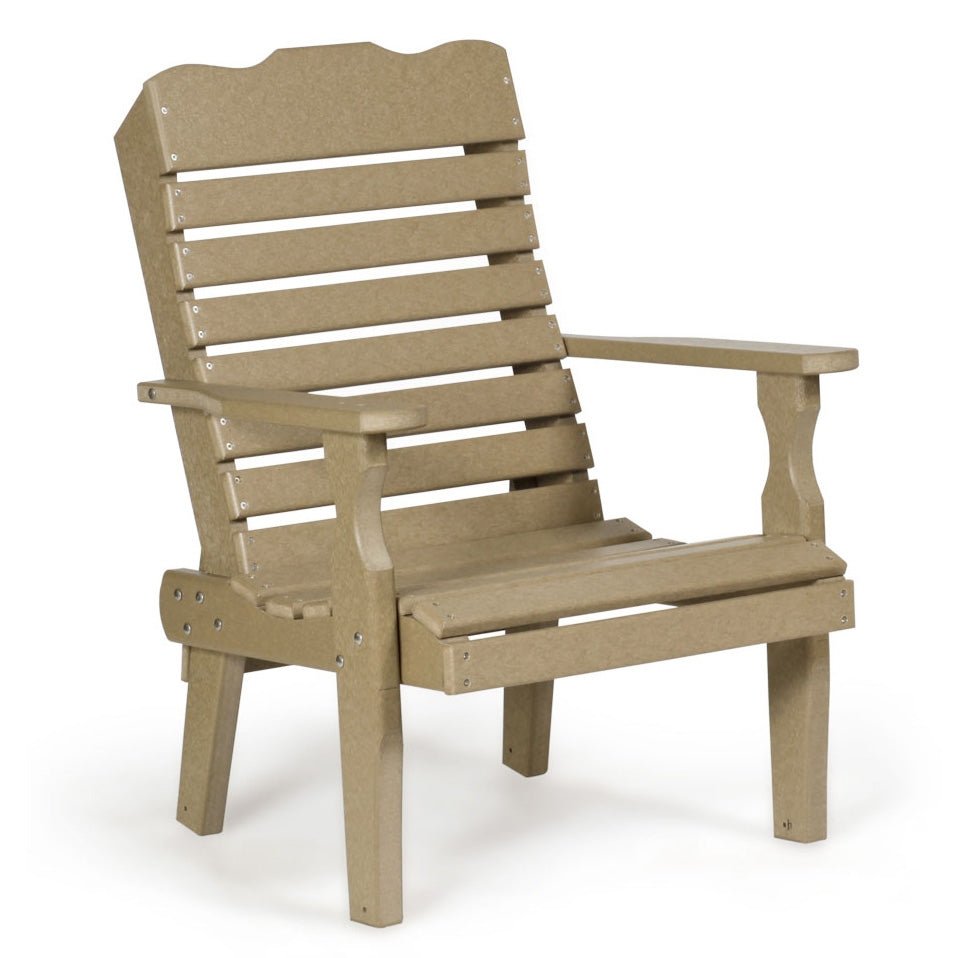 Weatherwood poly curve back rocking chair with slatted back, wide arms and curved runners on a white background