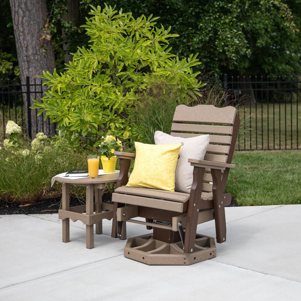 Weatherwood poly curve back bench glider for two with rolled slat back and shaped arms on a white background