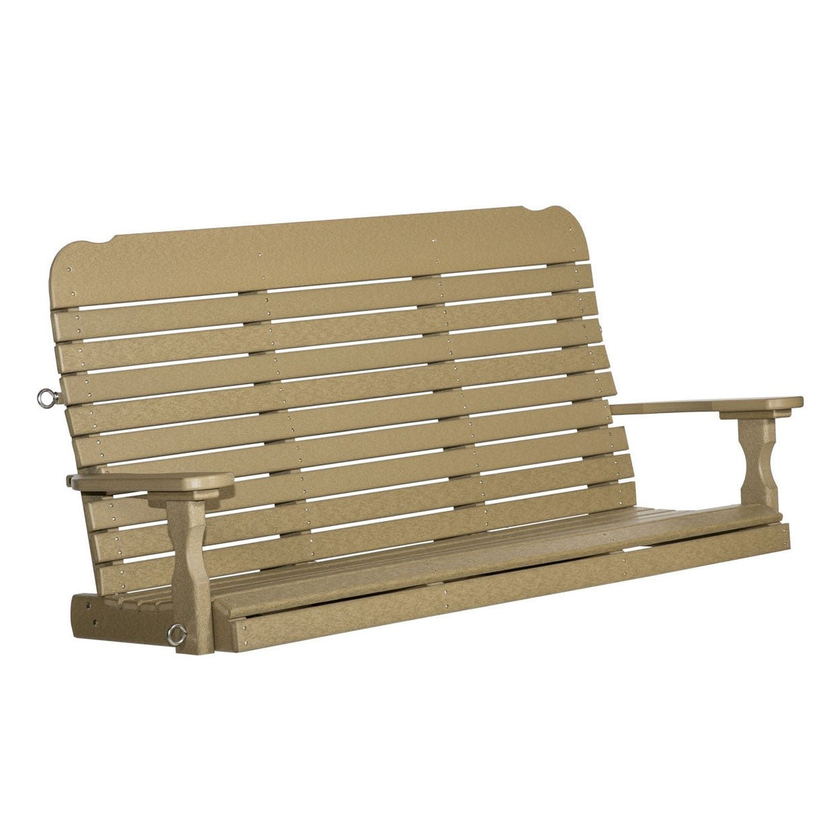 Angled view of a tan poly easy porch swing showing the curved slat back, deep seat and shaped arm supports